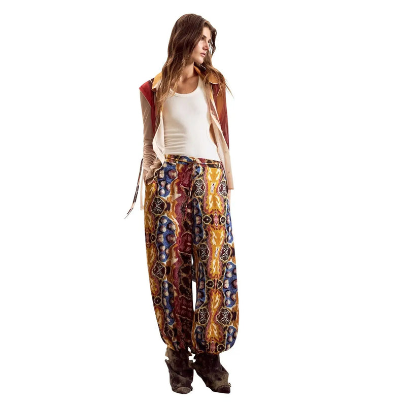 Desigual women trousers mustard viscose with belt featuring vibrant wide-leg design and bold gold blue maroon pattern