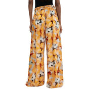 Desigual women trousers orange floral viscose wide-leg with vibrant yellow white and black floral pattern