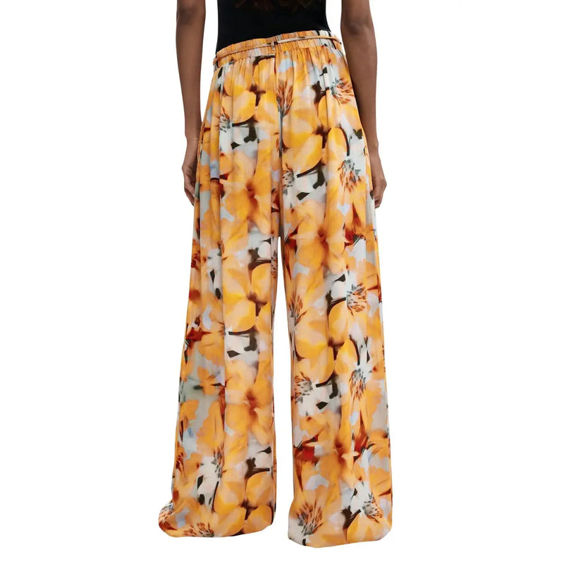 Desigual women trousers orange floral viscose wide-leg with vibrant yellow white and black floral pattern