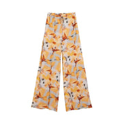 Desigual women trousers orange floral viscose wide-leg with elastic waistband and drawstring in vibrant yellow and gray accents
