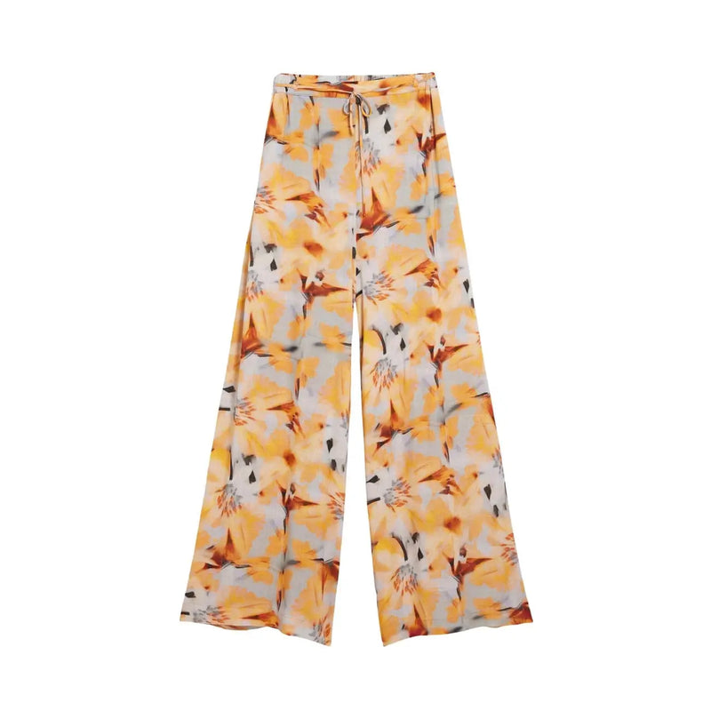 Desigual women trousers orange floral viscose wide-leg with elastic waistband and drawstring in vibrant yellow and gray accents
