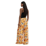Desigual women trousers orange floral viscose with yellow floral wide-leg, lightweight fabric, and elastic waistband