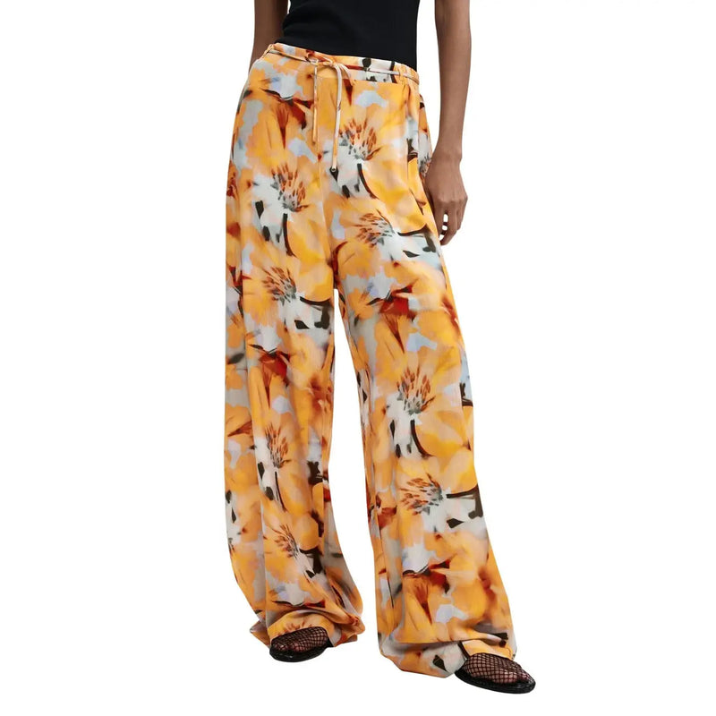 Desigual women trousers orange floral viscose wide-leg pants with elastic waistband and drawstring size cn