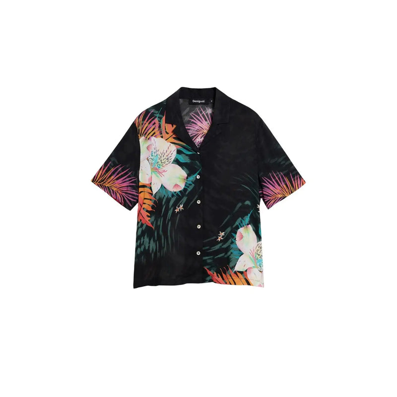 Desigual women viscose short shirt black with vibrant tropical floral and leaf patterns in pink white orange and teal