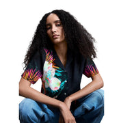 Desigual women viscose black short-sleeved button-up shirt with vibrant tropical pink teal orange and white floral print