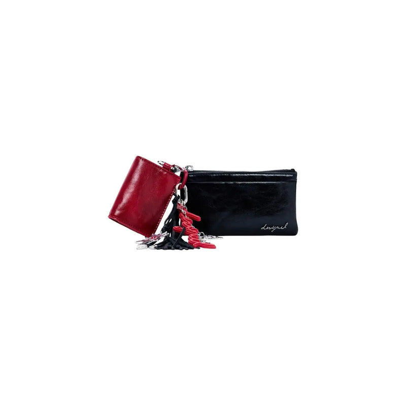 Desigual women wallet black polyurethane zip pouch set with glossy red and black keychain and tassel detail