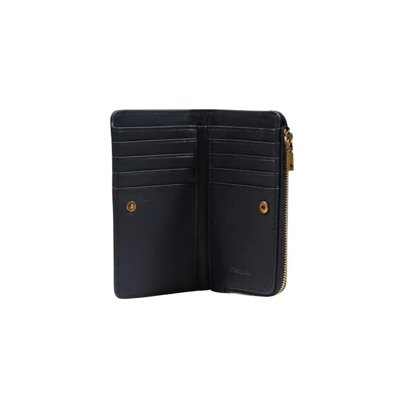 Desigual women wallet black leather with gold-tone zipper and hardware small zip button 16cm