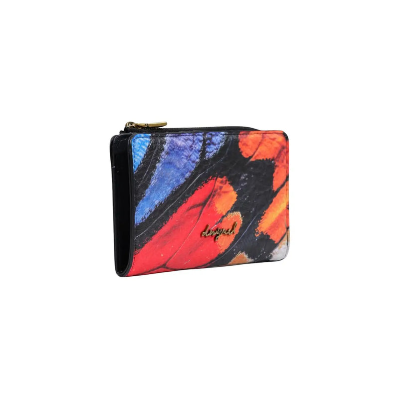 Desigual women wallet black zip button small W16cm with vibrant butterfly-wing pattern and gold zipper pull