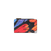 Desigual women black leather zip wallet with vibrant multicolored butterfly wing pattern and small size 16cm