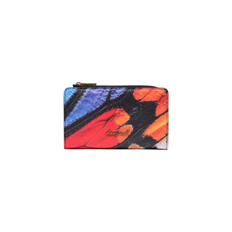 Desigual women black leather zip wallet with vibrant multicolored butterfly wing pattern and small size 16cm