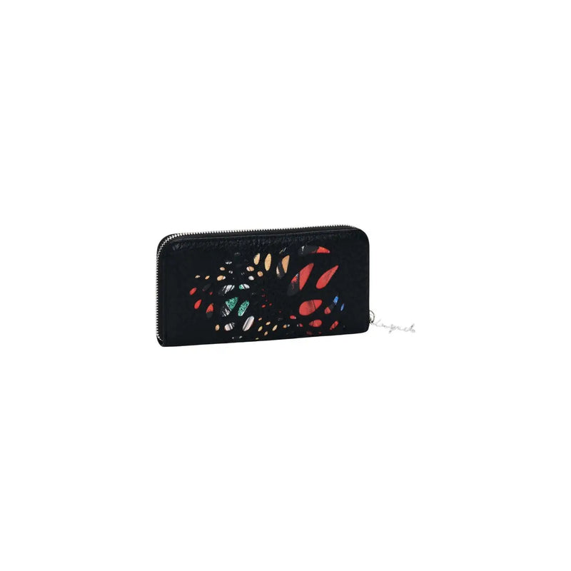 Desigual women wallet in black leather with vibrant multicolored geometric pattern and silver zipper pull