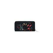 Black desigual women wallet with zip pockets featuring a vibrant red green and gold abstract pattern on textured surface
