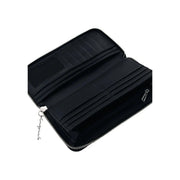 Black Desigual women wallet with silver engraved zipper pull, multiple card slots, and zip pockets 21x10x2.5 cm