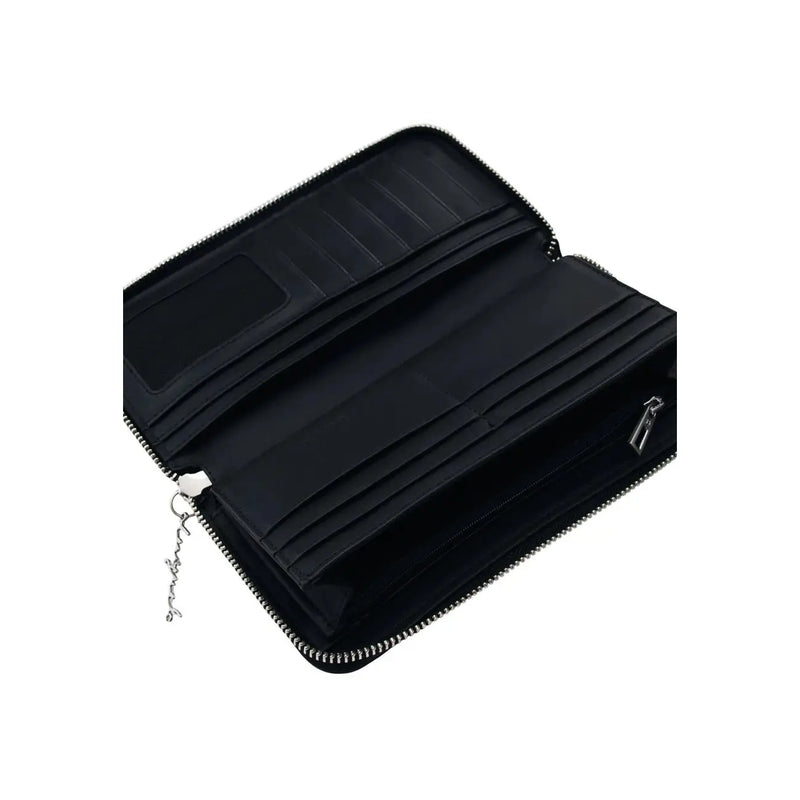 Black Desigual women wallet with silver engraved zipper pull, multiple card slots, and zip pockets 21x10x2.5 cm