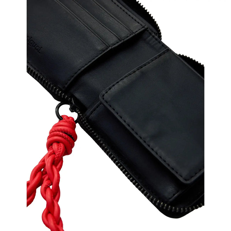 Black leather Desigual women wallet with bold red braided cord tassel zipper pull made of polyester 10x11x2 cm