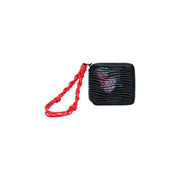 Desigual women wallet black zip polyester with textured surface iridescent wing design and red braided wrist strap