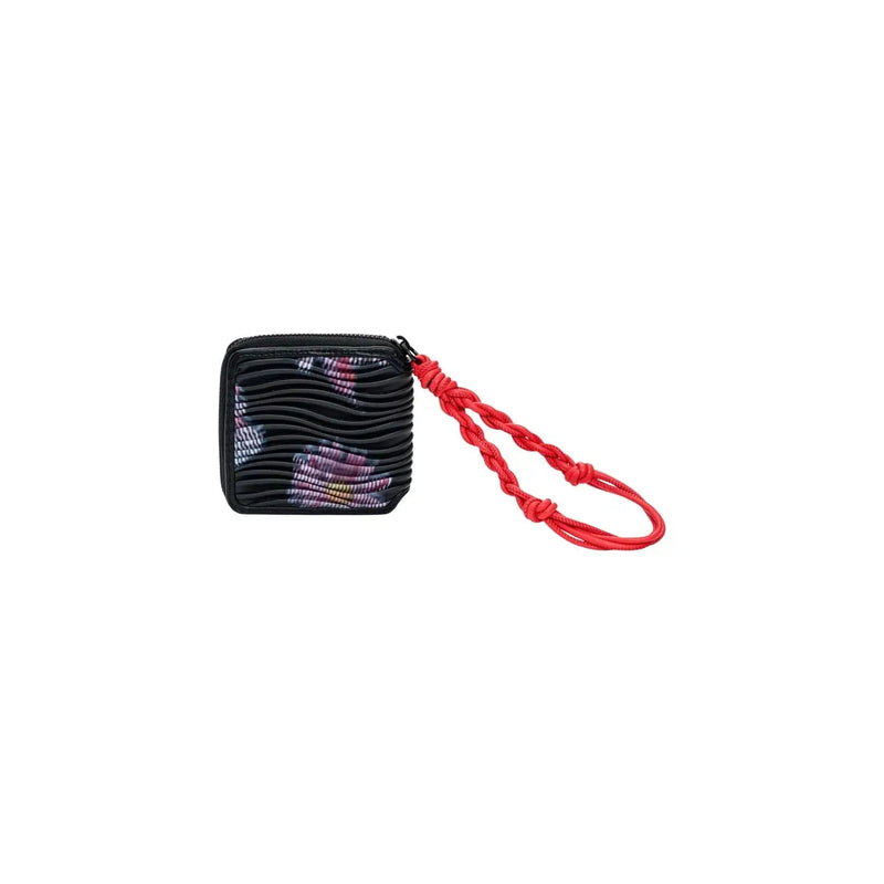 Desigual women wallet black zip polyester with textured surface vibrant red braided wrist strap and multicolored abstract patterns