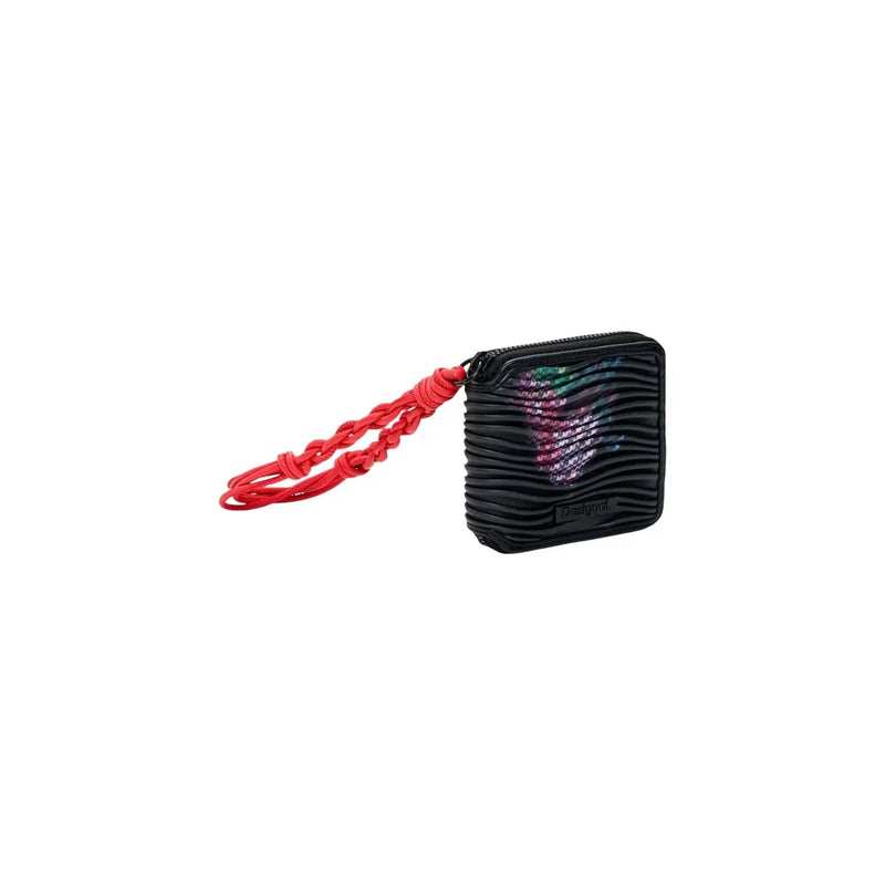 Desigual women wallet black textured polyester with iridescent pink green accents and red braided wrist strap