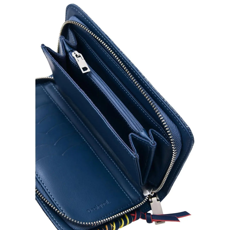 Deep blue leather Desigual women wallet with silver zippers and colorful striped pull tabs, 19x11x2.5 cm