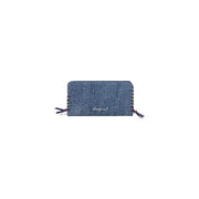 Denim-textured light blue cotton Desigual women wallet with colorful ribbon ties and subtle designer logo 19x11x2.5 cm