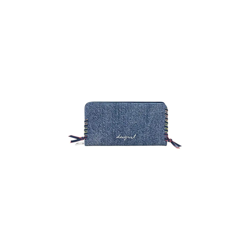 Denim-textured light blue cotton Desigual women wallet with colorful ribbon ties and subtle designer logo 19x11x2.5 cm