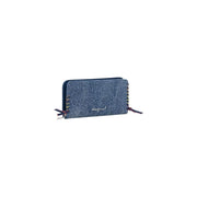 Denim-textured light blue cotton zip wallet for women by Desigual with colorful striped zipper pulls and embroidered logo