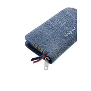 Denim-textured light blue Desigual women wallet with silver embroidery and colorful zipper pull 19x11x2.5 cm