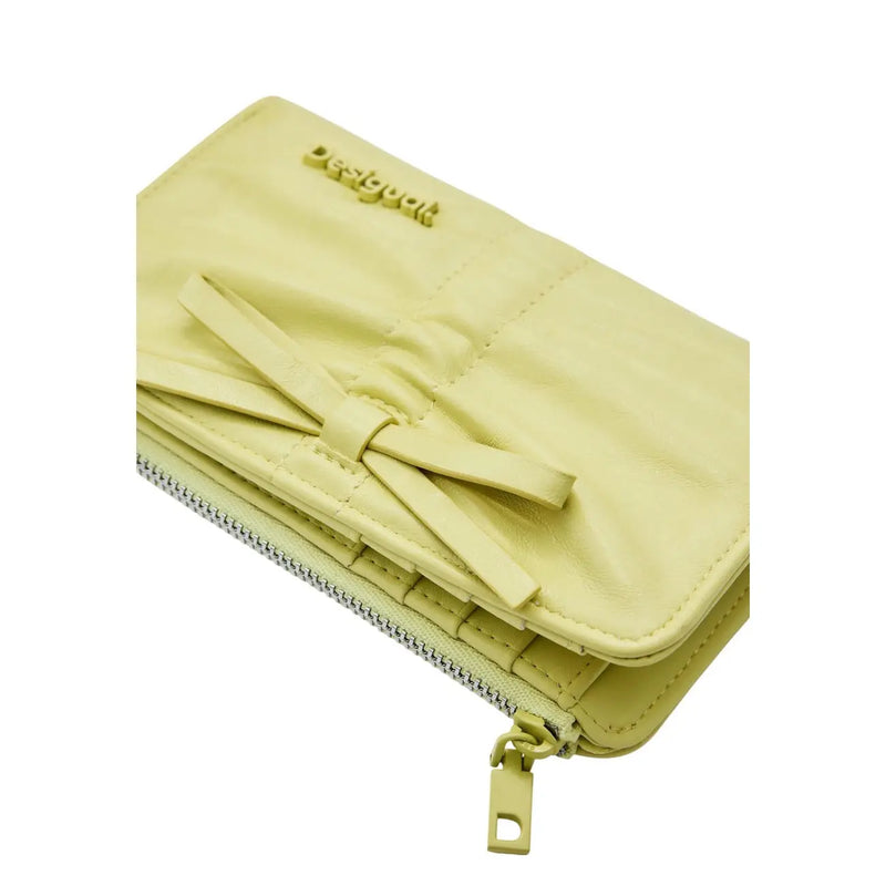 Desigual women wallet yellow with stitched bow detail and silver zipper zip pockets measuring 16x10x1.5 cm