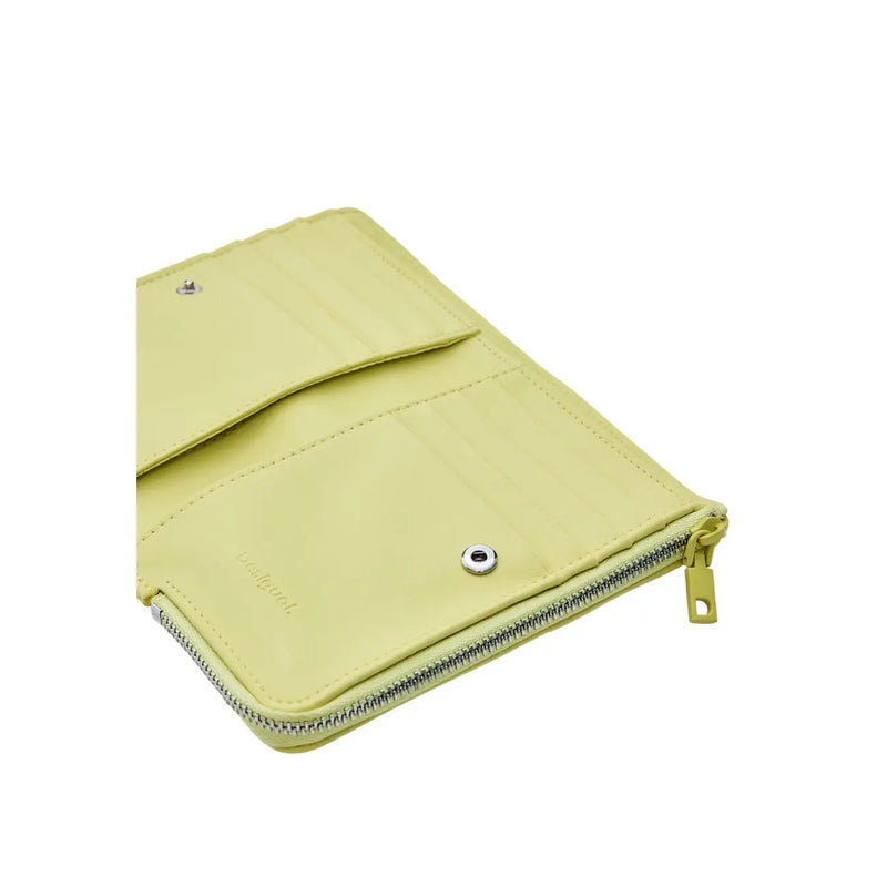 A pale green desigual women wallet with sleek zip pockets and minimalist stitching details measuring 16x10x1.5 cm
