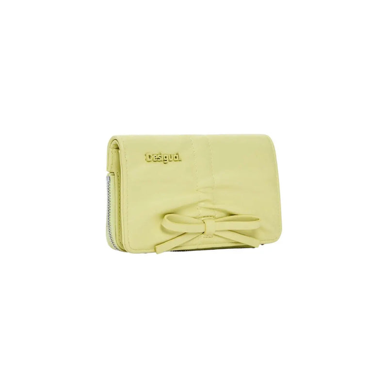 Desigual women wallet yellow leather with central bow and gold lettering zip pockets 16x10x1.5 cm