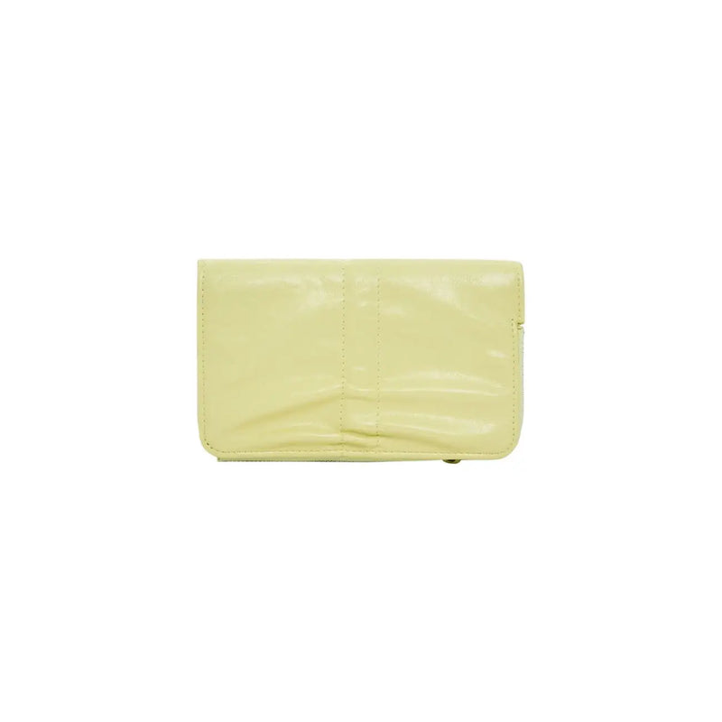 A sleek pale yellow patent leather Desigual women wallet with minimalist design and zip pockets measuring 16x10x1.5 cm