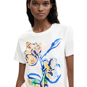 Desigual women white cotton round neck short t shirt with bold abstract floral print in blue yellow and beige tones