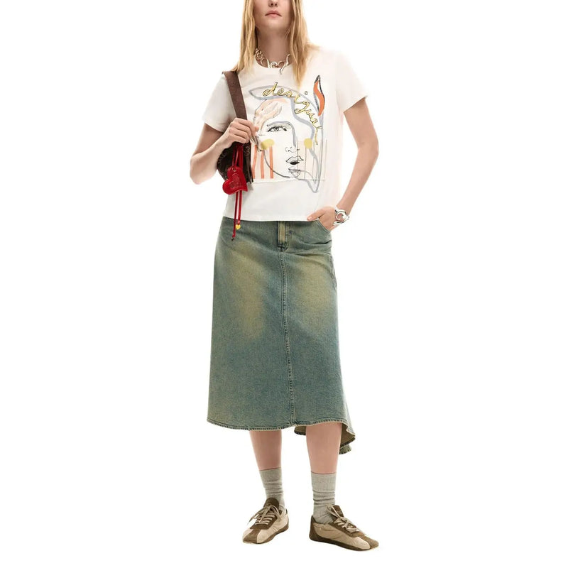 Desigual women white cotton short sleeve t shirt with round neck and stylized face graphic print