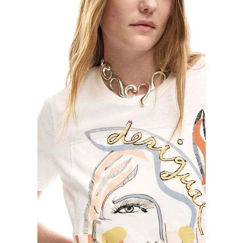 Silver sculptural choker necklace with flowing wave-like curves worn with desigual women white cotton round neck short t shirt