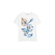 Desigual women white cotton round neck short sleeve t shirt with blue gold green floral watercolor design and brand name