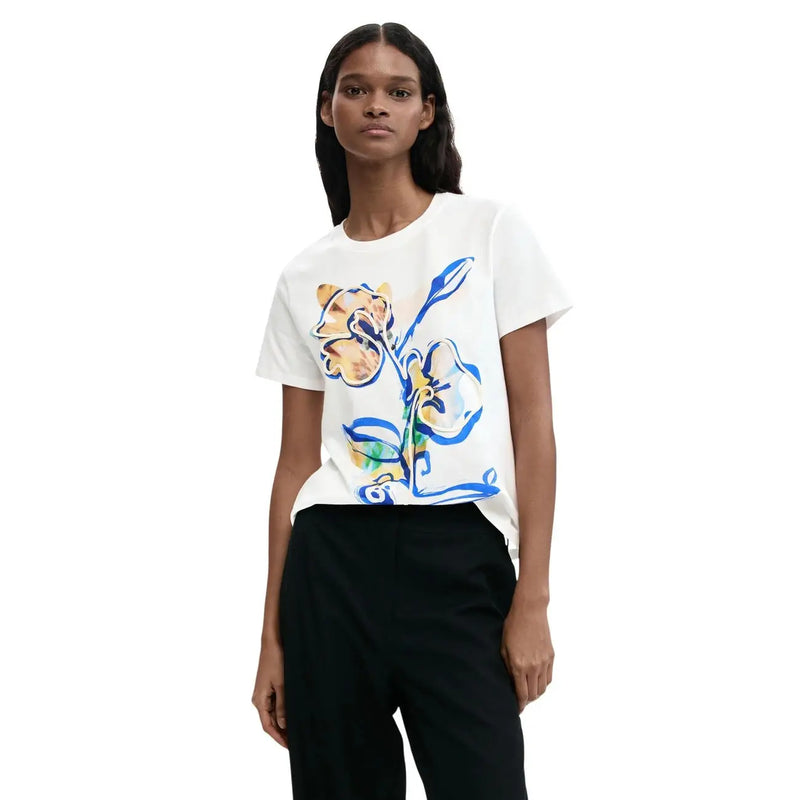 Desigual women white cotton round neck short t shirt with vibrant abstract blue yellow and green floral print