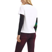 Desigual women white cotton short sleeve t shirt with black long sleeves and colorful embroidered arm panels