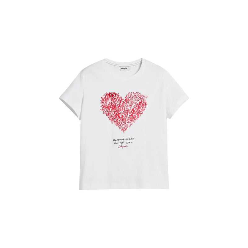 Desigual women white cotton short sleeve t shirt with vibrant red heart made of interlocking letters and the brand is love phrase