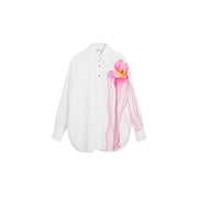 Desigual women white floral cotton long shirt with vibrant pink flowers yellow centers and flowing striped sleeve accents