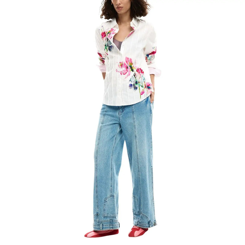 Desigual women white floral cotton long shirt with button-up front, rolled sleeves, and vertical stripes