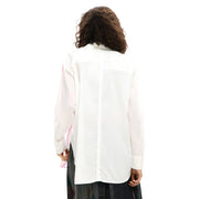 White Desigual women floral cotton long shirt with round neck featuring sheer panels and pink trim on long sleeves
