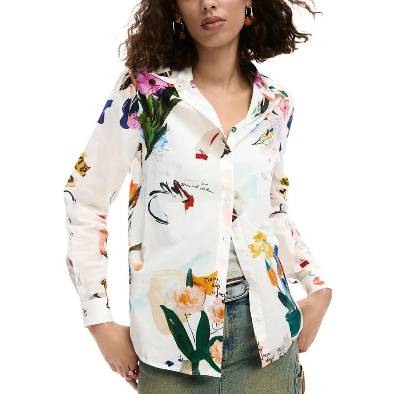 Desigual women white floral long cotton shirt 26SWCW21 with vibrant multicolor abstract art print and long sleeves