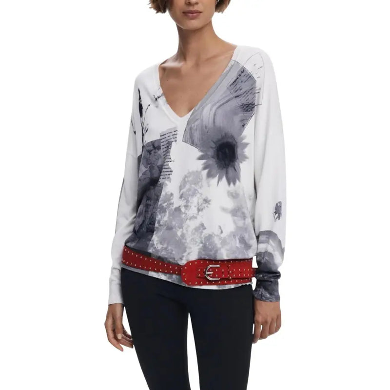 Women’s white floral long-sleeve V-neck knitwear with abstract print and text detail
