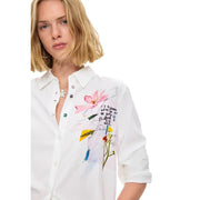 Desigual women white viscose shirt with colorful abstract floral embroidery and pink blossoms with handwritten script accents