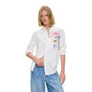 Desigual women white floral viscose long classic shirt with colorful floral embroidery on the sleeve