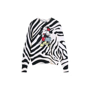 Desigual women white and black zebra-striped knit sweater with colorful mickey and minnie mouse graphic acrylic blend