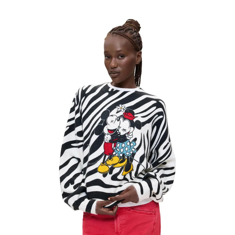 Desigual women white knitwear regular fit acrylic blend sweatshirt with black and white zebra stripes and colorful mickey and minnie embroidery