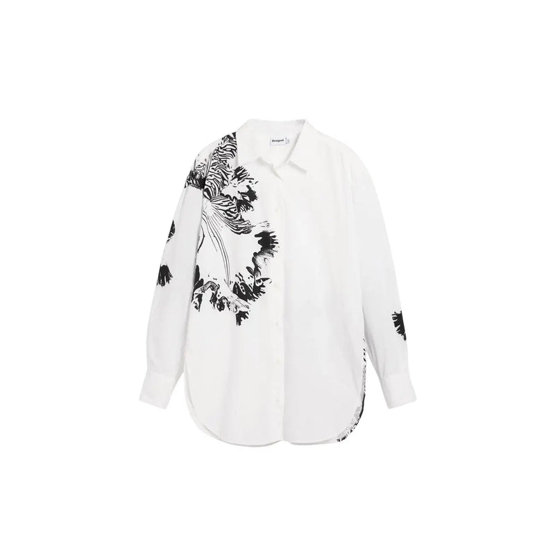 Desigual women white long cotton shirt with classic collar featuring bold black floral and leaf pattern on left side