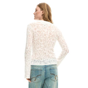 Desigual women white round neck long viscose classic shirt with delicate off-white lace long sleeves and floral pattern