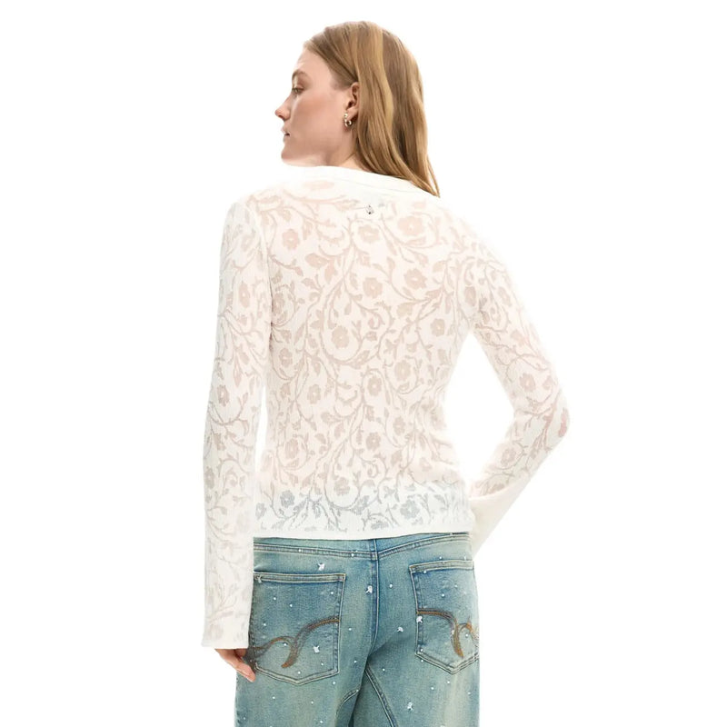 Desigual women white round neck long viscose classic shirt with delicate off-white lace long sleeves and floral pattern